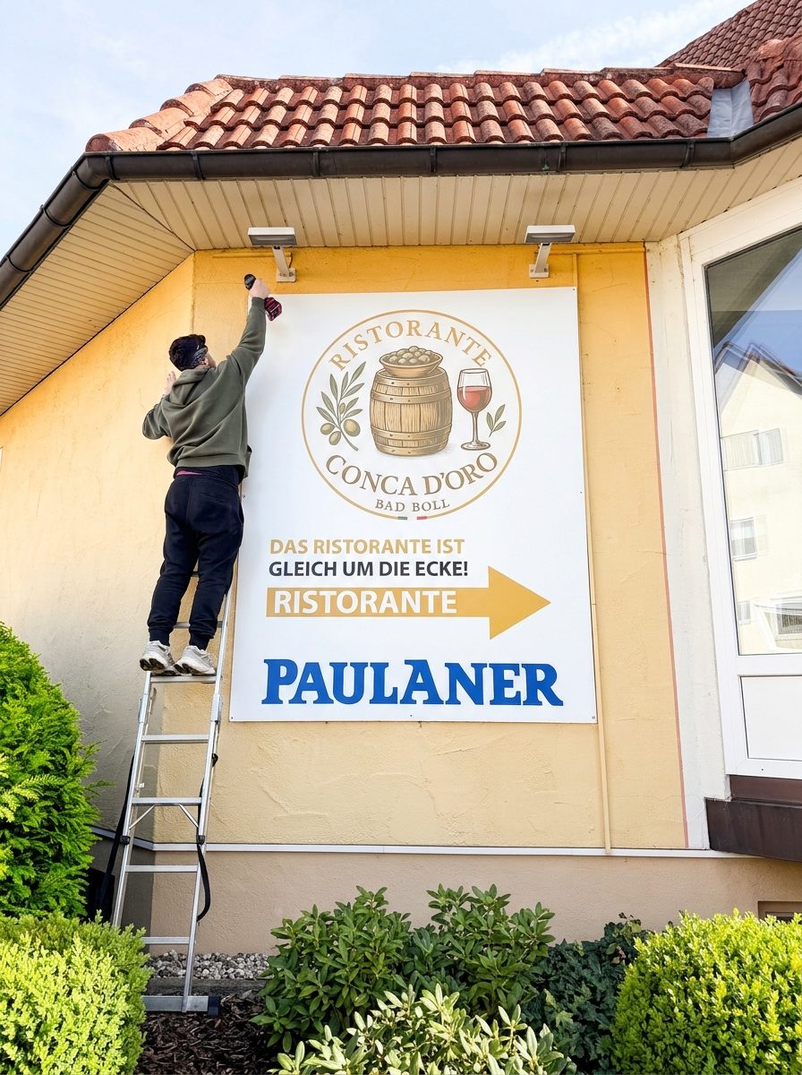 Montage eines Werbeschilds an einer Restaurantfassade